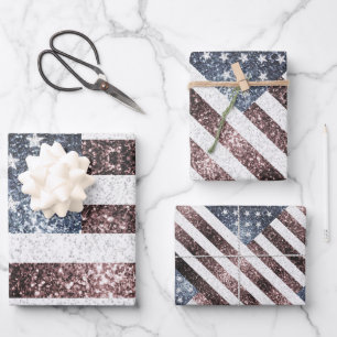 Feuille De Papier Cadeau Drapeau rustique rouge blanc bleu étincelant USA