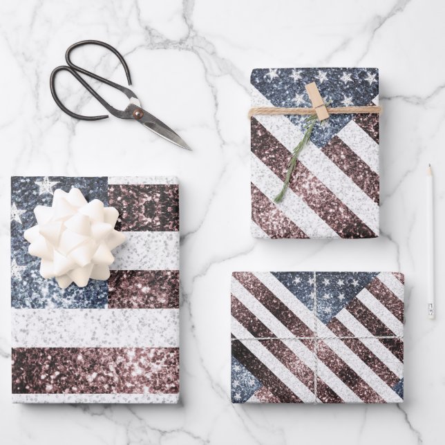 Feuille De Papier Cadeau Drapeau rustique rouge blanc bleu étincelant USA (Recto)