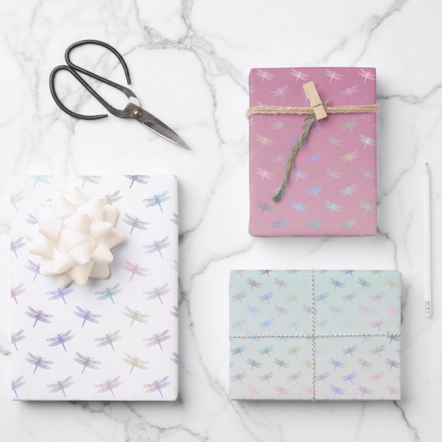 Feuille De Papier Cadeau Dreamy Mint Aqua Purple Pink Dragonflies (Recto)