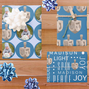 Feuille De Papier Cadeau Dreidel Rustic Oak Cute Blue Photo Hanoukka