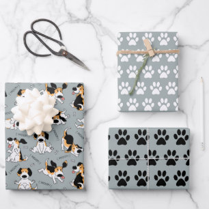 Feuille De Papier Cadeau Drôle Chien et Empreintes de pattes Enveloppement 