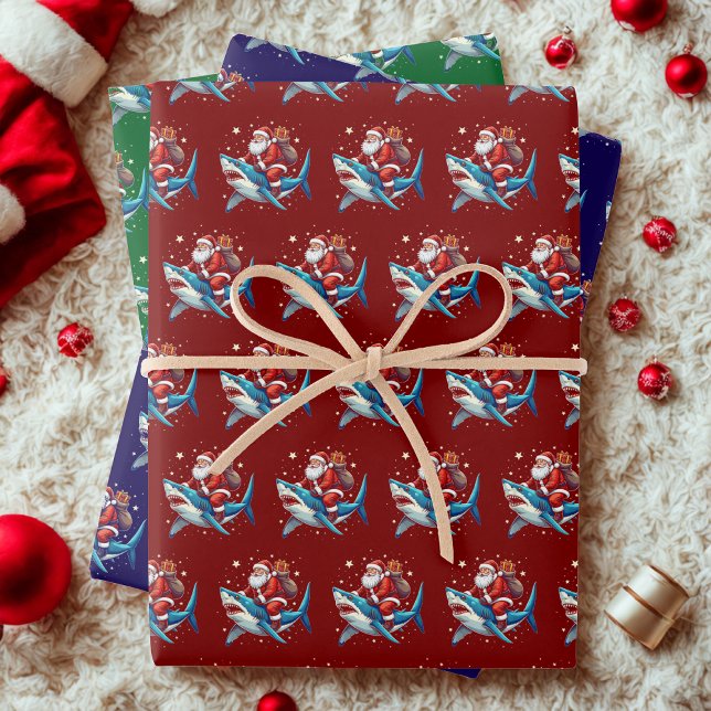 Feuille De Papier Cadeau Drôle Père Noël Shark Cadeau Envelopper Ocean Love (Créateur téléchargé)