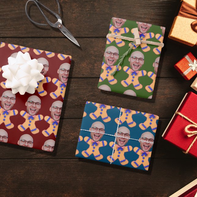 Feuille De Papier Cadeau Drôle Personnalisé Visage Photo Gingerbread Hommes (Créateur téléchargé)