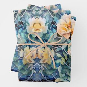 Feuille De Papier Cadeau Dusty Blue Navy Champagne Ivory Floral Mariage 