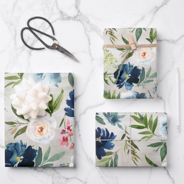 Feuille De Papier Cadeau Dusty Blue & Navy Peony Floral Green Garden (Recto)