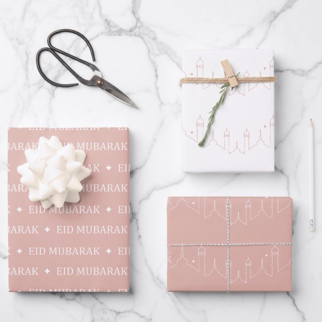 Feuille De Papier Cadeau Dusty rose Aïd Moubarak Masjid Design Motif (Recto)
