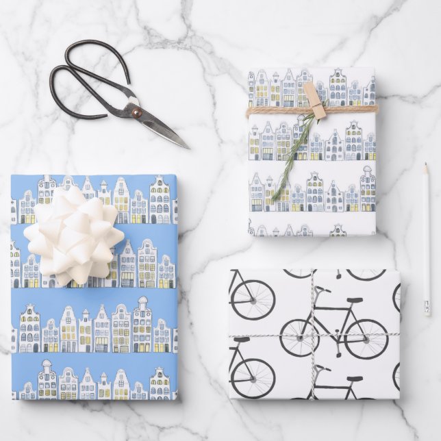 Feuille De Papier Cadeau Dutch Houses Bikes Amsterdam Variété Pack (Recto)