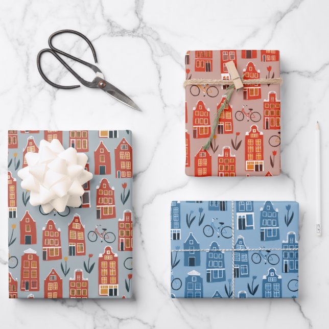 Feuille De Papier Cadeau Dutch Houses Vélos Tulips Amsterdam Variété Pack (Recto)