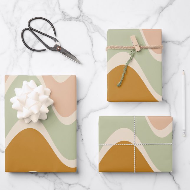 Feuille De Papier Cadeau Earthy Boho Abstrait Wavy Swirl Lines dans Pastels (Recto)