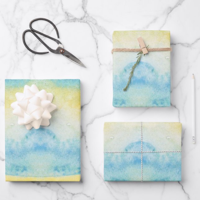 Feuille De Papier Cadeau Eau Abstraite bleu mer et jaune soleil  (Recto)