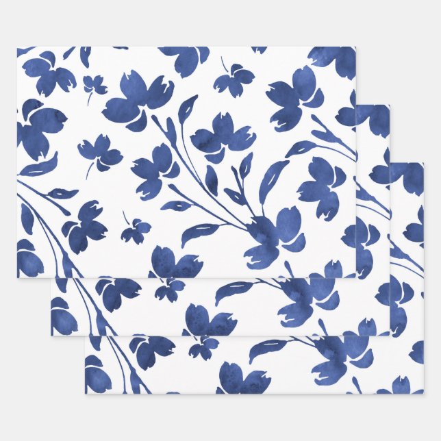 Feuille De Papier Cadeau Eau d'Indigo - tiges de fleurs (Lot)