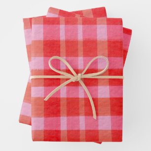 Feuille De Papier Cadeau Écarlate Rose Clair Toile Peinte Écossaise Noël Fê