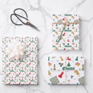 Feuille De Papier Cadeau Échecs de Noël - Pièces, Arbre, Holly, Rennes
