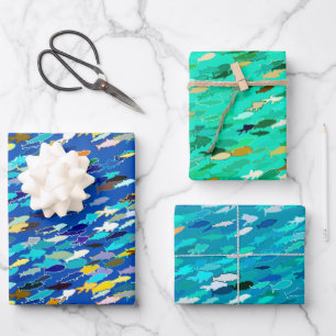 Feuille De Papier Cadeau École de Poissons, sur Bleu foncé, Aqua et Turquoi
