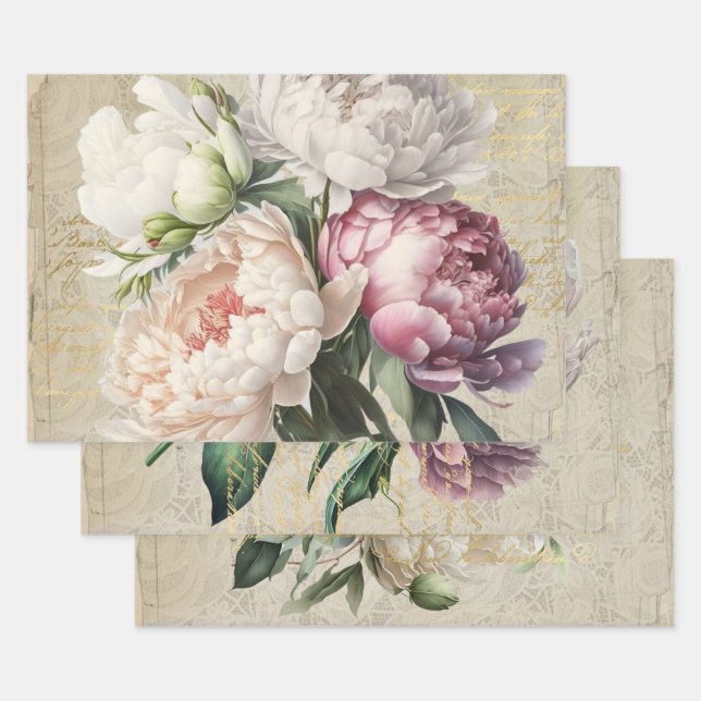 Feuille De Papier Cadeau Écriture française art rose dentelle antique (Lot)