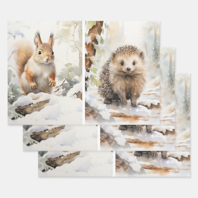 Feuille De Papier Cadeau Écureuil d'aquarelle en bois Hérisson Scène hivern (Lot)