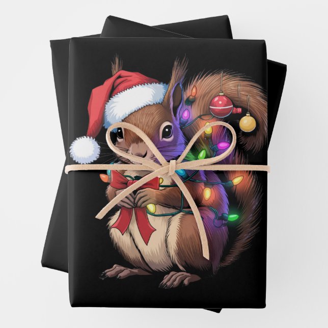 Feuille De Papier Cadeau Écureuil lumières de Noël Famille de Noël (En situation)