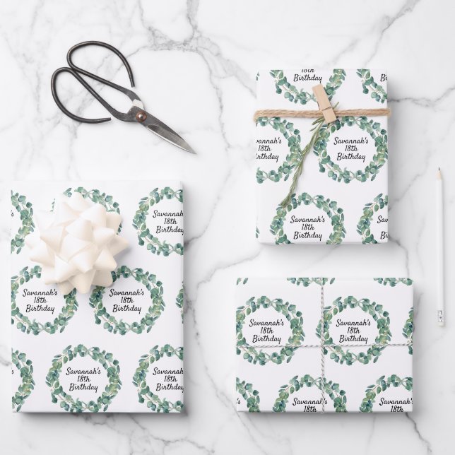 Feuille De Papier Cadeau Eeucalyptus vert d'anniversaire écriture du nom de (Recto)