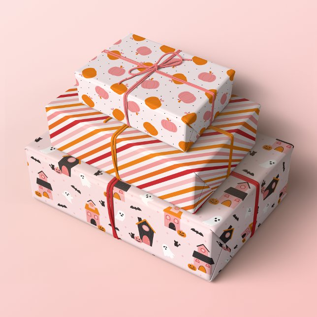Feuille De Papier Cadeau Éffrayant Cute Motifs d'Halloween (Set of 3 Halloween patterns with spooky haunted houses, pumpkins and stripes in orange, red and pink)