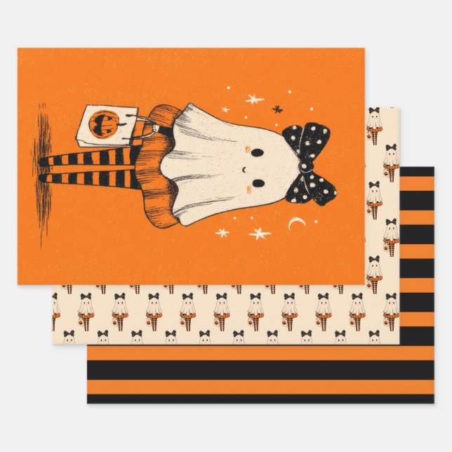 Feuille De Papier Cadeau Éffrayant Fantôme Feu Orange et Noir Halloween (Lot)