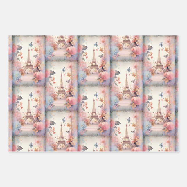 Feuille De Papier Cadeau Eiffel Tower Butterflies and Flowers Pattern (Devant 3)