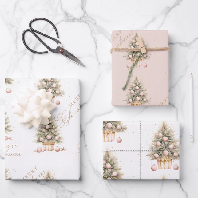 Feuille De Papier Cadeau Elégant Aquarelle rose doux Joyeux Arbre de Noël (Recto)