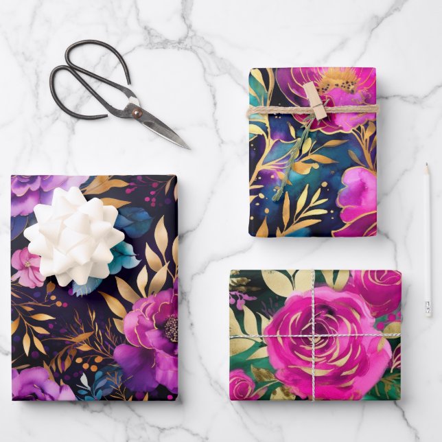 Feuille De Papier Cadeau Elégant Aquarelle violet et Turquoise Fleurs Motif (Recto)