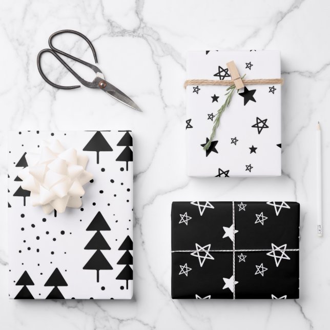 Feuille De Papier Cadeau Élégant Arbres de Noël noir et blanc Étoiles (Recto)