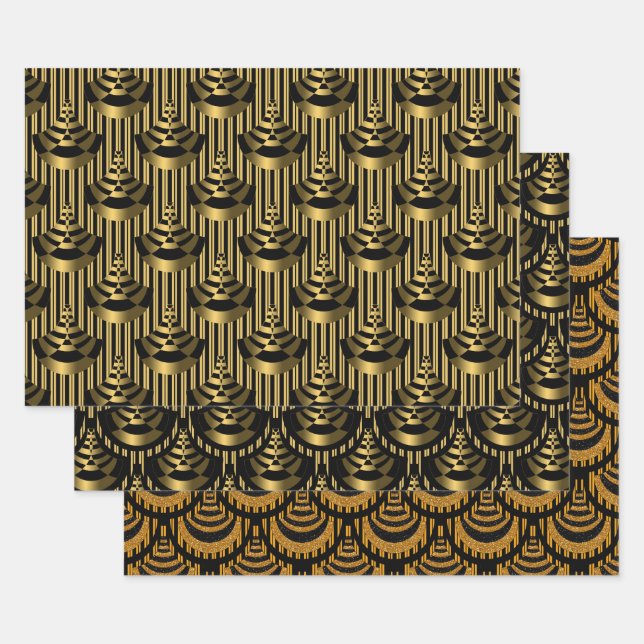 Feuille De Papier Cadeau Elégant Art déco or et noir (Lot)