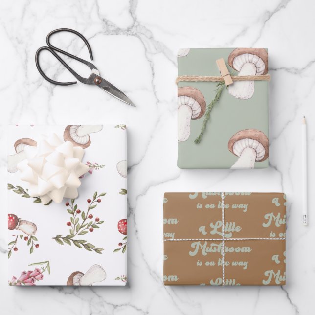 Feuille De Papier Cadeau Elégant Baby shower de champignons aquarelles (Recto)