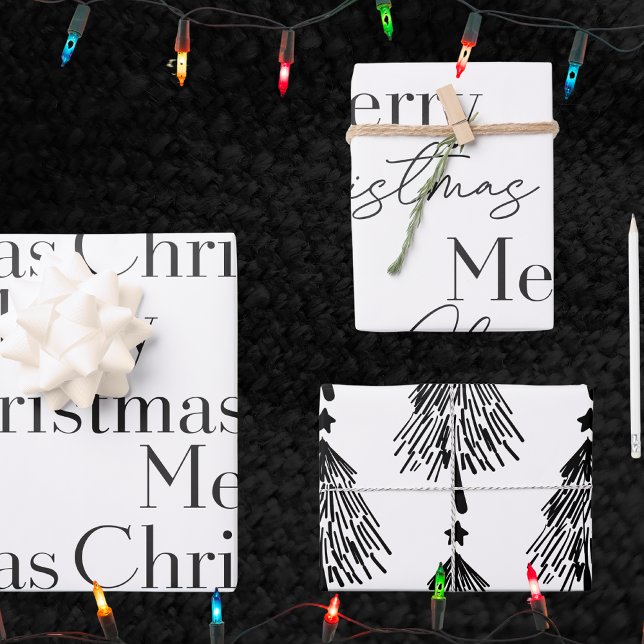 Feuille De Papier Cadeau Elegant Black White Merry Christmas Tree Quote  (Créateur téléchargé)
