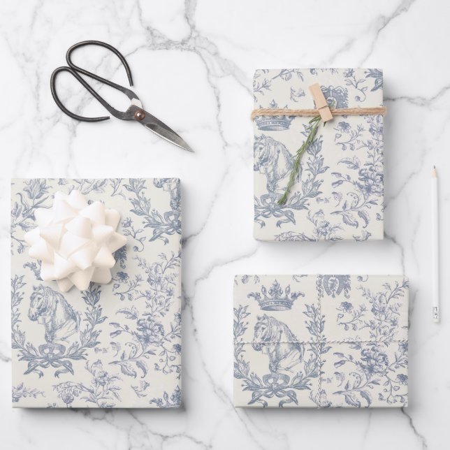 Feuille De Papier Cadeau Elégant Bleu Chic Beige Equestre Toile Florale (Recto)