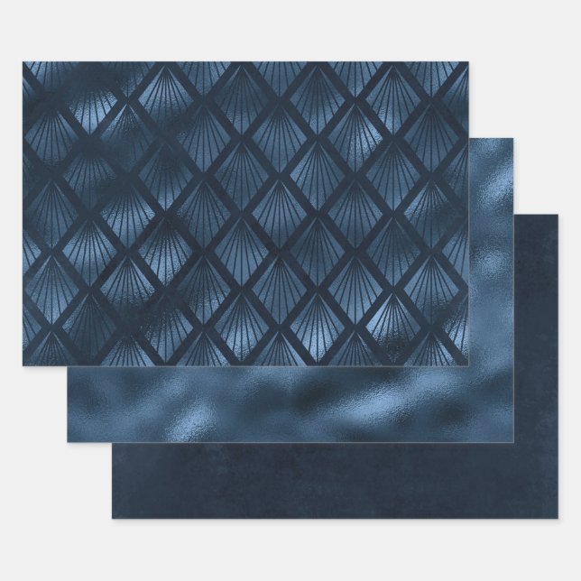 Feuille De Papier Cadeau Elégant bleu marine or métal Art déco (Lot)