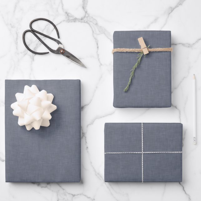 Feuille De Papier Cadeau Elégant bleu moderne gris Faux lin (Recto)