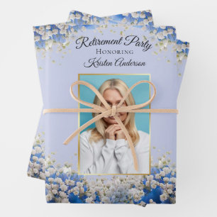 Feuille De Papier Cadeau Élégant Blue Floral Floral Photo Party Retraite
