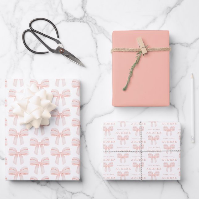 Feuille De Papier Cadeau Elégant Blush rose Coquette Bow Anniversaire (Recto)