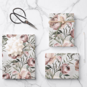 Feuille De Papier Cadeau Élégant Blush Roses Ranunculus Vin Floral
