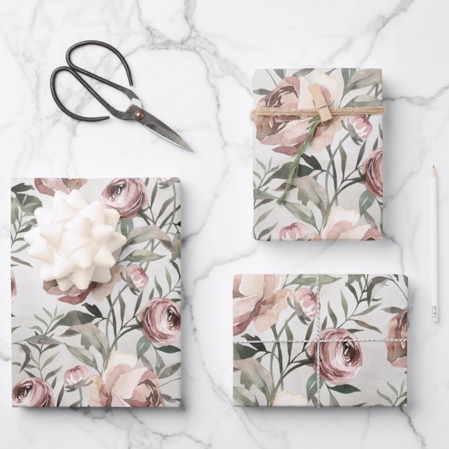 Feuille De Papier Cadeau Élégant Blush Roses Ranunculus Vin Floral (Recto)