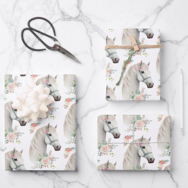 Feuille De Papier Cadeau Élégant Boho Cheval Blanc Floral (Recto)