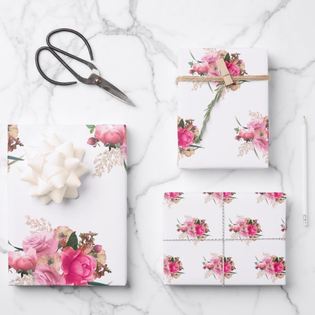 Feuille De Papier Cadeau Elégant bouquet rose rose floral or (Recto)
