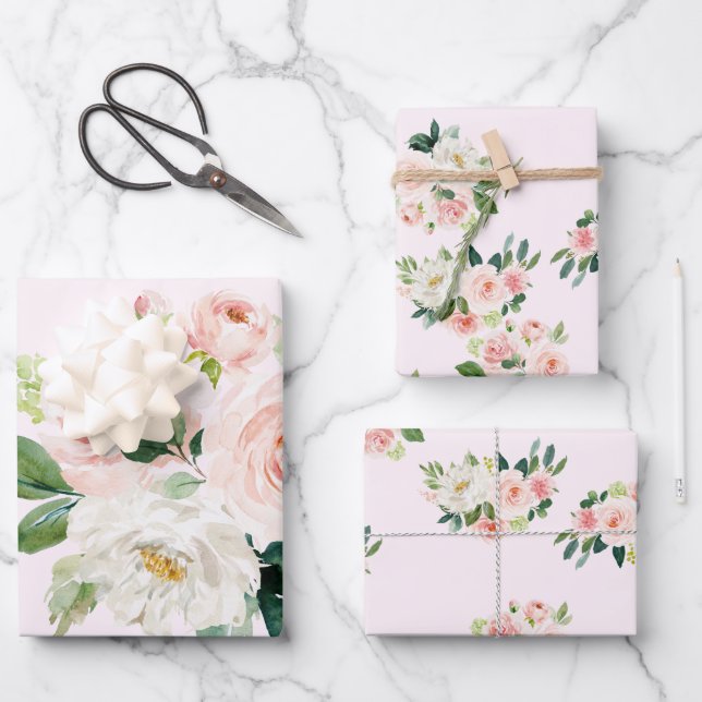 Feuille De Papier Cadeau Élégant bouquets de fleurs roses enveloppant feuil (Recto)