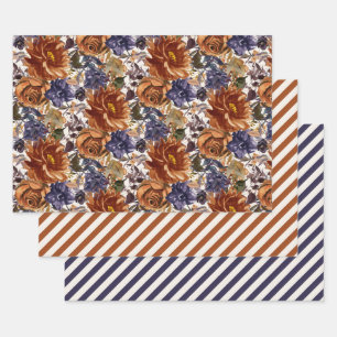 Feuille De Papier Cadeau Elégant Burnt Orange Marine Bleu Automne Floral Au