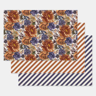 Feuille De Papier Cadeau Elégant Burnt Orange Marine Bleu Automne Floral Au