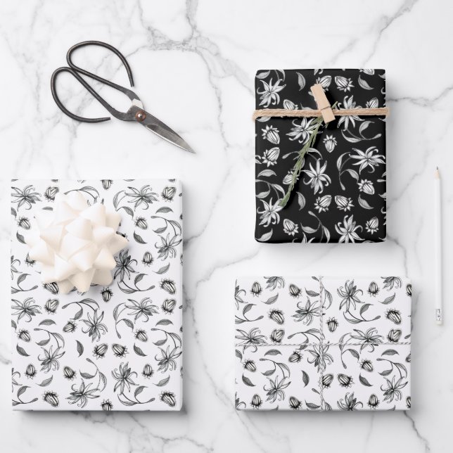 Feuille De Papier Cadeau Élégant cadeau botanique noir et blanc (Recto)