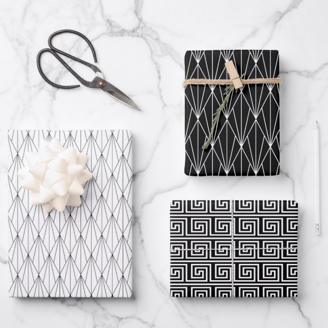 Feuille De Papier Cadeau élégant carrelage noir blanc art déco motif (Recto)