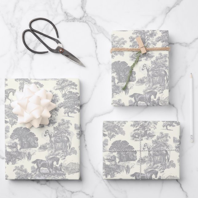 Feuille De Papier Cadeau Elégant chic Cheval gris argenté Toile (Recto)