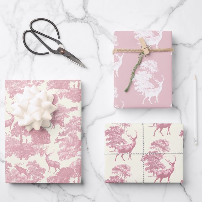 Feuille De Papier Cadeau Elégant Chic Rose Toile Cerf Boodland (Recto)