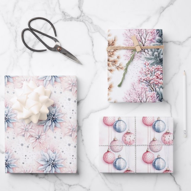 Feuille De Papier Cadeau Élégant classique bleu rose pastel Noël (Recto)