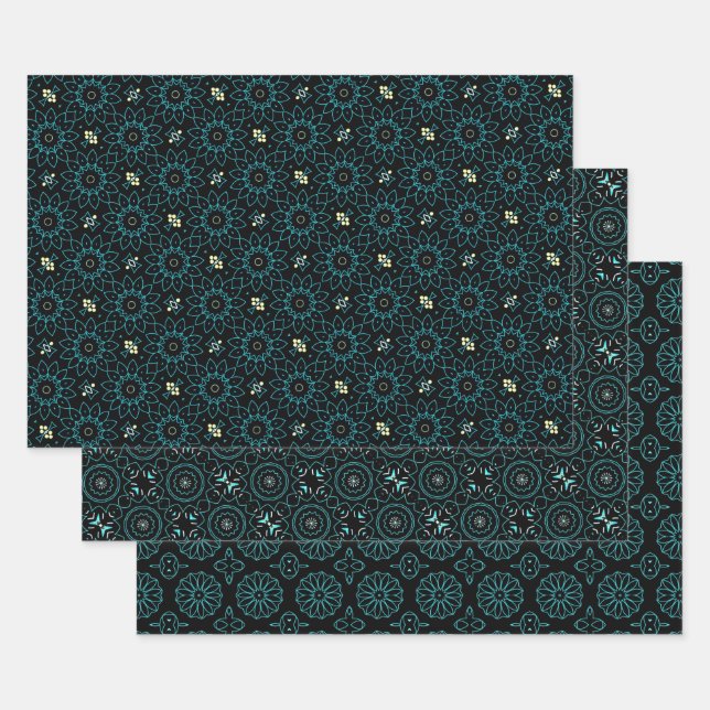 Feuille De Papier Cadeau Élégant Cute Chic Noir et Turquoise Motifs géométr (Lot)