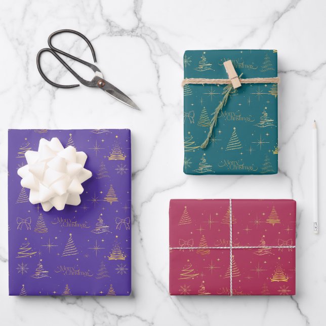 Feuille De Papier Cadeau Elégant Doodles d'Arbre de Noël Or (Recto)